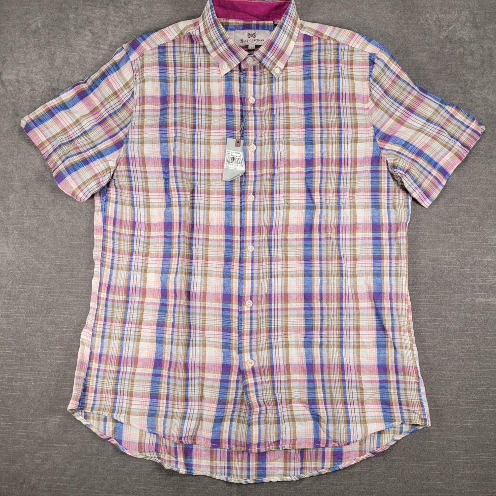 Hickey Freeman Linen Blend Raspberry Plaid Short Sleeve Button Up Shirt Lg New